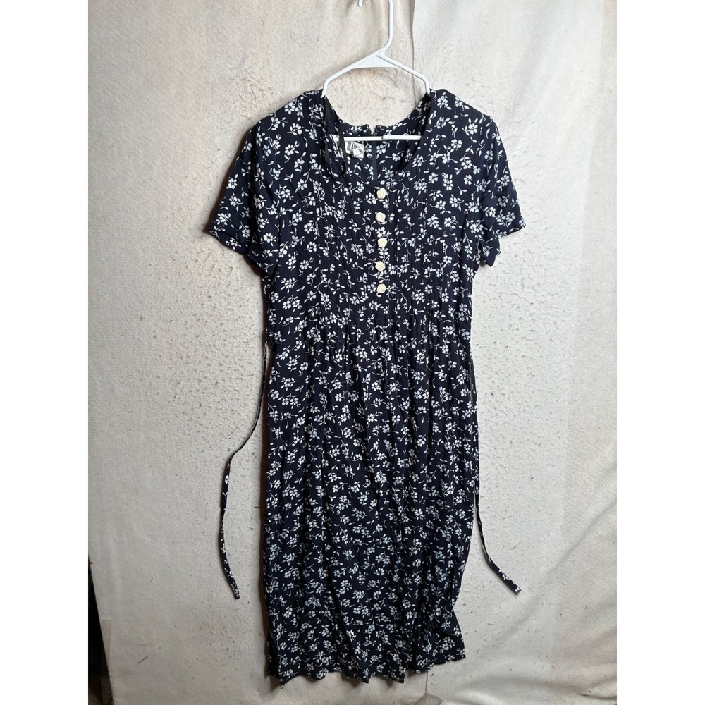 Coco Blanco Vintage Navy Blue Floral Rayon Midi Dress Rose Buttons Size 8